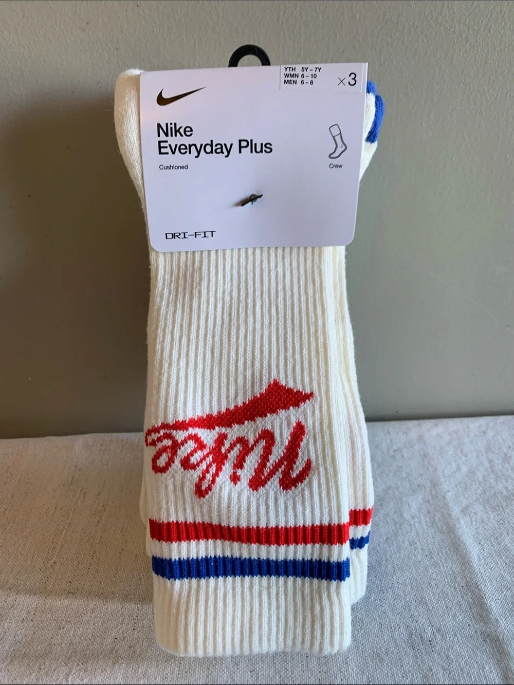 Nike Everyday Plus Crew Socks in White with Red & Blue Accents